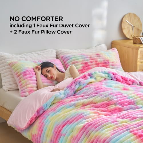 Image of Besfunny Rainbow Fluffy Comforter Cover Queen Size ,Plush Striped Bedding 3pcs Set(1 Fuzzy Duvet Cover+2 Fur Pillow Cases ) Faux Fur Luxury Bed Set (Rainbow, Queen)