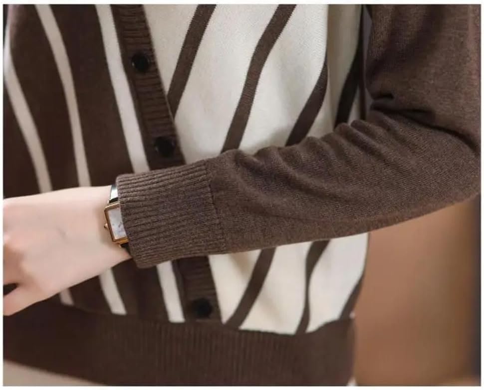 Women's Fake Two Pieces Sweaters Lapel Button Striped Contrast Color Long Sleeve Knitted Pullovers Tops