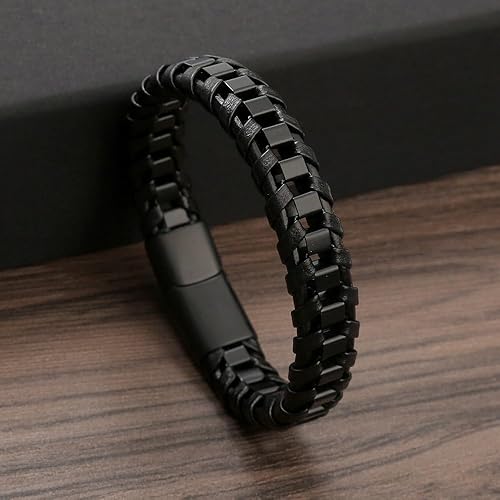 Miniatura 2 de Pulsera trenzada de cuero para hombre, pulsera de acero inoxidable, regalo de cumpleaños, regalo de joyería para hombres, novios, padre, papá