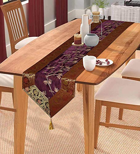 Image of E-EZRA Ari Zari Embroidery Table Runner for Dining Table 6 Seater 72IN Indian Satin Traditional Long Runner Up with Tassels Coffee Tablecloth (Purple)
