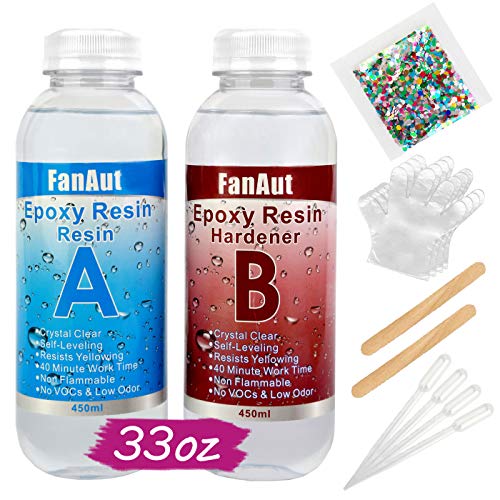FanAut 33 Ounce Epoxy Resin and Hardener Kit for Jewelry Making, Art, Crafts, 2 Part Epoxy Casting Resin Crystal Clear with 4 Droppers, 2 Sticks,2 Pair Gloves and 1 Pack of Resin Glitter