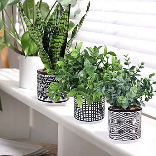 3 Pcs Small Potted Plants Fake Eucalyptus Plants And Tropical Snake Plant In Black Geometric Concrete Ceramic Pots For Modern Home Kitchen Windowsill Table Shelf Indoor Outdoor Greenery Decor #TOP3