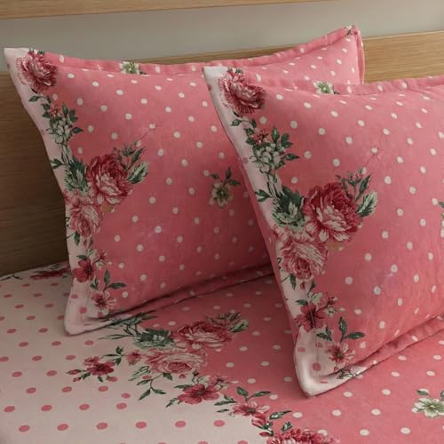 Image of Fashion String Microfibre Polka Dot & White Border Corner Elastic Fitted Double Bedsheet (72x78 Inches) with 2 Pillow Covers