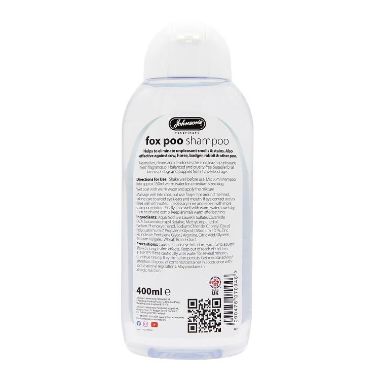 Johnsons Fox Poo Shampoo 400ml - Eliminates Odours & Stains, Vegan, Paraben Free, For All Dog Breeds, Clear, 400 ml (Pack of 1) - Image 2