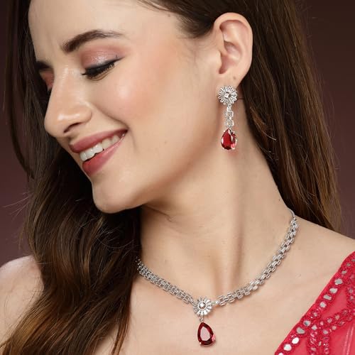 Image of ZENEME Rhodium Plated Brass Silver Toned Luxurious Sparkle Pink Necklace & Earring Jewellery Set For Women & Girls