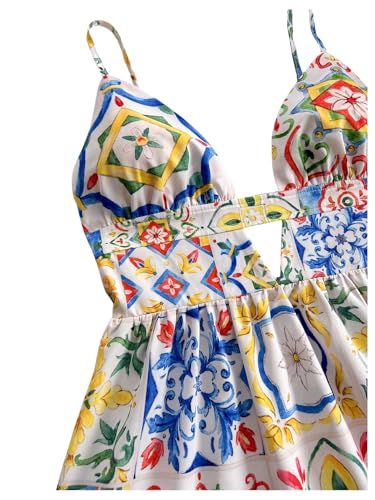 Image of SweatyRocks Women's Floral Print Backless Mini Dress Cut Out Ruffle Sleeveless Vacation Boho Dresses