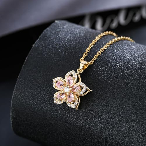 Flower Necklace for Women Gold Dainty Fidget Necklace Rotatable Crystal Silver Blossom Pendant Necklaces Adjustable Spinning Fidget Necklaces Redbud Flower Choker Funny Summer Jewelry4