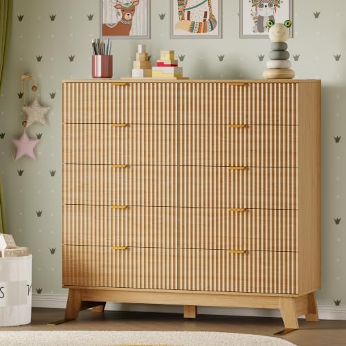 Image of BORNOON 46 inch Tall Dresser for Bedroom, 10-Drawer Fluted Chest of Drawers, Modern Wood Highboy with Metal Slides and Handles, Anti-Tip Kit, Vertical Clothes Storage Organizer for Apartment, Closet