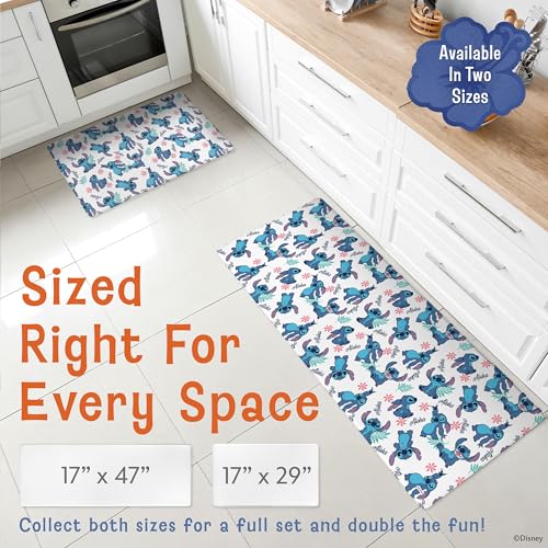 Image of Disney Stitch Anti-Fatigue Kitchen Mats for Floor, 17x47, Non-Slip | 12mm PVC foam cushions feet and back, water resistant, wipes clean, won't compress or crack over time