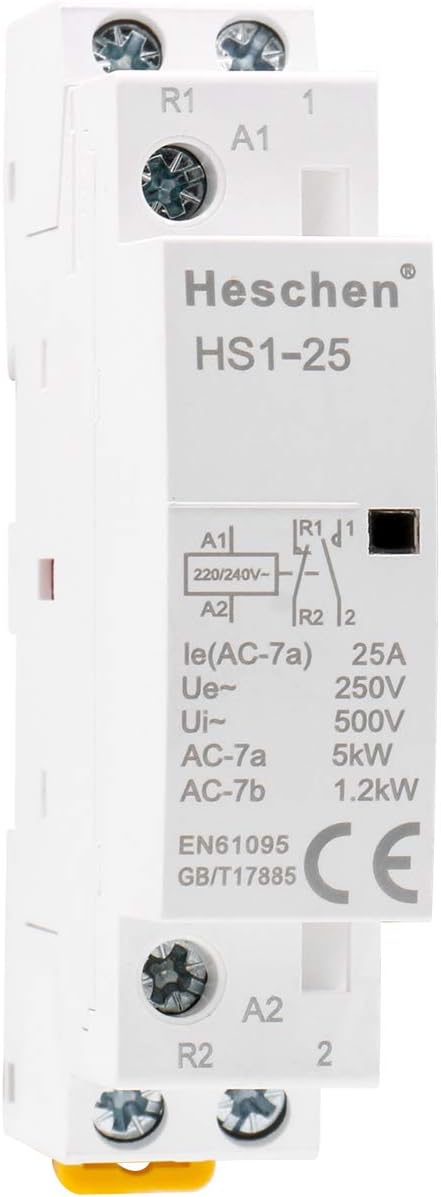 Heschen Household AC Contactor, HS1-25, 2 Pole 1NO 1NC, AC 220V/230V Coil Voltage, 35 mm DIN Rail Mount