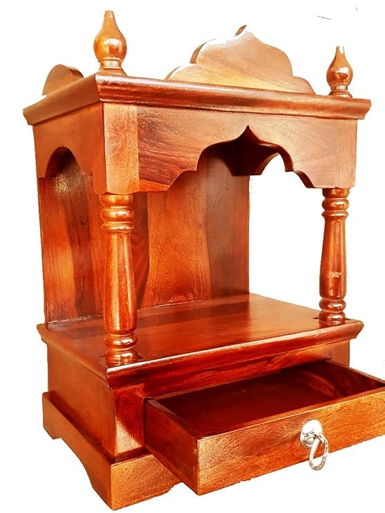 Image of Sheesham Wood Temple with with 1 Drawer Storage for Puja Ghar Wooden Mandir for Home (Natural Finish)