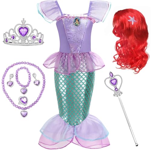 Qunkun Disfraz de sirena para niña, disfraz de sirena para niños, vestido con peluca, pulsera, par de pendientes, collar, varita mágica, cinta para el pelo, para carnaval, cosplay, fiesta