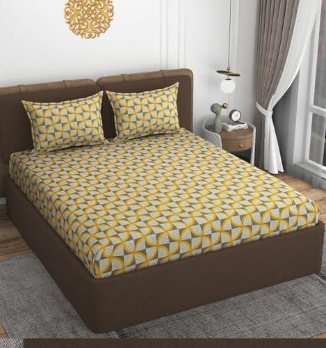 Image of VOMZER 300 TC Elastic Fitted Bedsheets with 2 Double Size Pillow Covers Queen Size | Double Bed with All Around Elastic (White Zig Zag) - Size 72 X 72 X 10 Inches