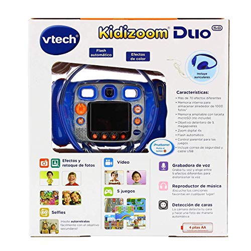 VTech Kidizoom Duo 5.0 - Cámara de Fotos Digital, Infantil con 5 Megapíxeles, Pantalla a Color, Juguete para Aprender en Casa, 10 Funciones Diferentes, 2 Objetivos, Azul