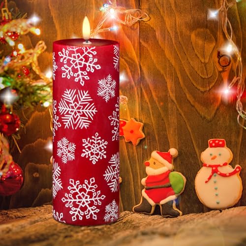 Image of Wondise Christmas Flameless Candles with 6hrs Timer, Snowflakes Battery Operated Flameless Flickering Red Candles with 3D Wick Real Wax LED Candles for Christmas Holiday Indoor Decoration(2.6 inchx7.8 inch)