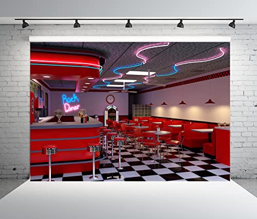 BELECO 2,7 x 1,8 m Stoff Vintage 50er Jahre Diner-Hintergrund für Fotografie 1950er Jahre American Diner Fast Food Soda Shop Restaurant Neon Esszimmer Hintergrund Rock Diner 50er Jahre Diner Party