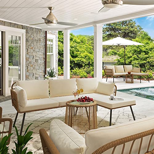 Image of LOCCUS 4-Piece Rattan Patio Sofa Set, All-Weather Wicker Conversation Furniture with Cushions & Center Table for Garden, Balcony, Poolside, Lawn, Porch, Indoor & Outdoor Use (Beige)