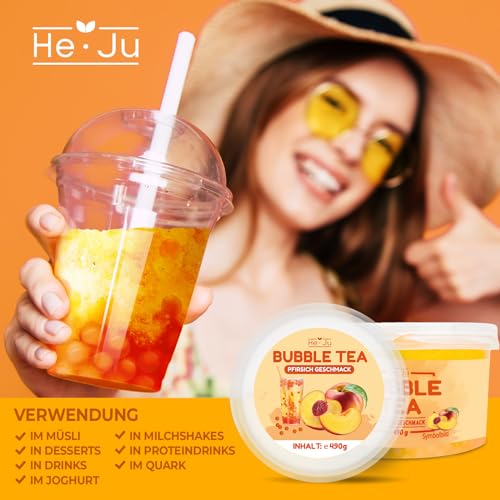 He-Ju Bubble Tea Perlen PFIRSICH 490 GRAMM vegan, glutenfrei, gelatinefrei, Boba Fruchtperlen Peach
