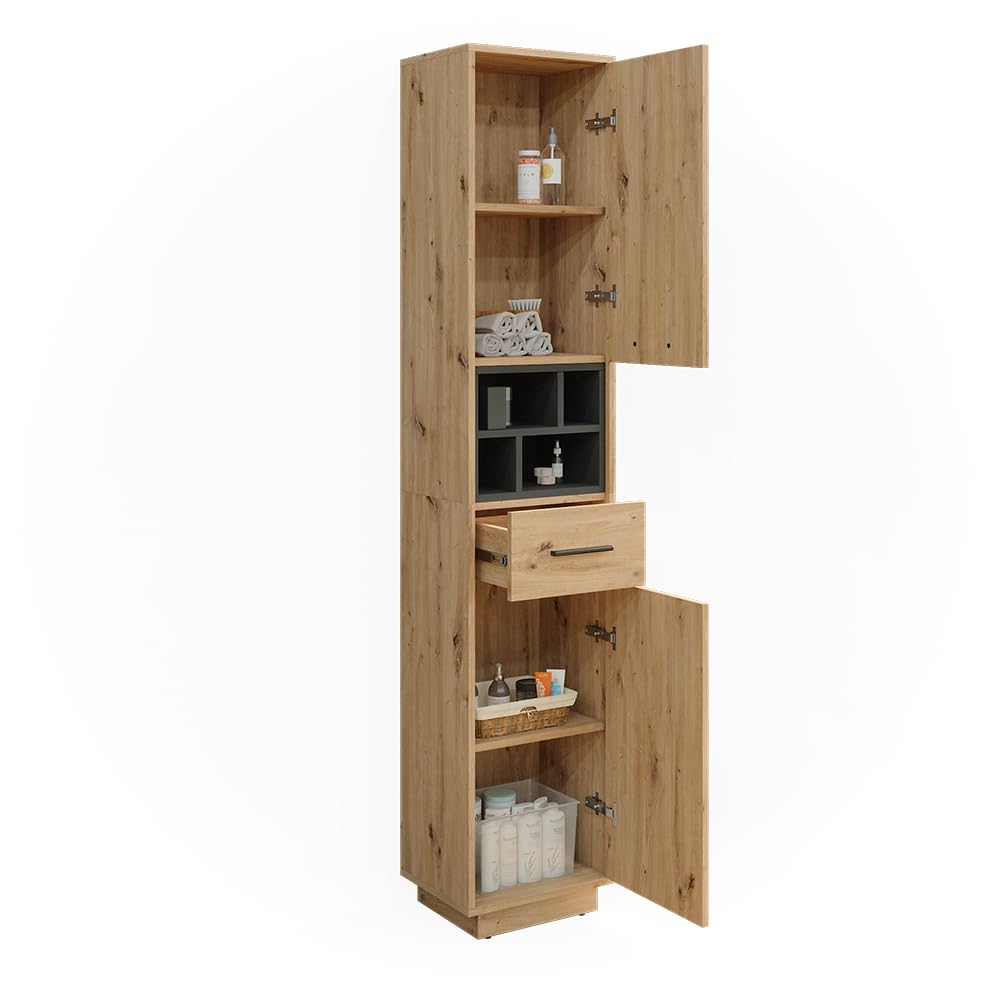 Vicco Armario de baño Beatrice, Roble Artesanal/Antracita, 38 x 190 cm con Puertas, cajón, para el Almacenamiento de artículos de baño y Compatible con Beatrice