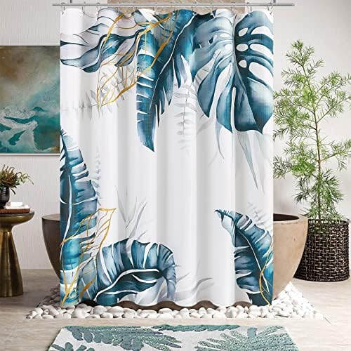 Shower Curtain for Bathroom, Tropical Plant Shower Curtain Summer Jungle Style Decorative Bath Curtain Blue Botanical Leaf Shower Curtain Beach Palm Leaves Shower Curtain Set, Machine Washable