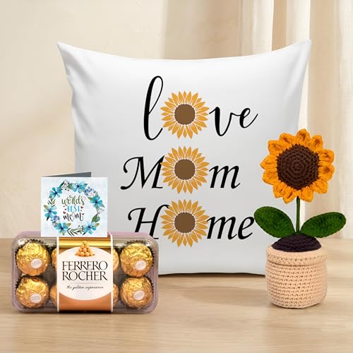 Image of TIED RIBBONS Gift for Mom, Birthday Gift for Mom Women Wife Mother in Law Mummy | Artificial Handcrafted Flower with Pot | Printed Cushion with Filler (12 X 12 Inch) | Chocolate Gifts Pack | Card