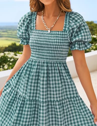 Image of ZESICA Women's 2026 Boho Summer Dresses Gingham Puff Sleeve Square Neck Flowy Beach Midi Dress