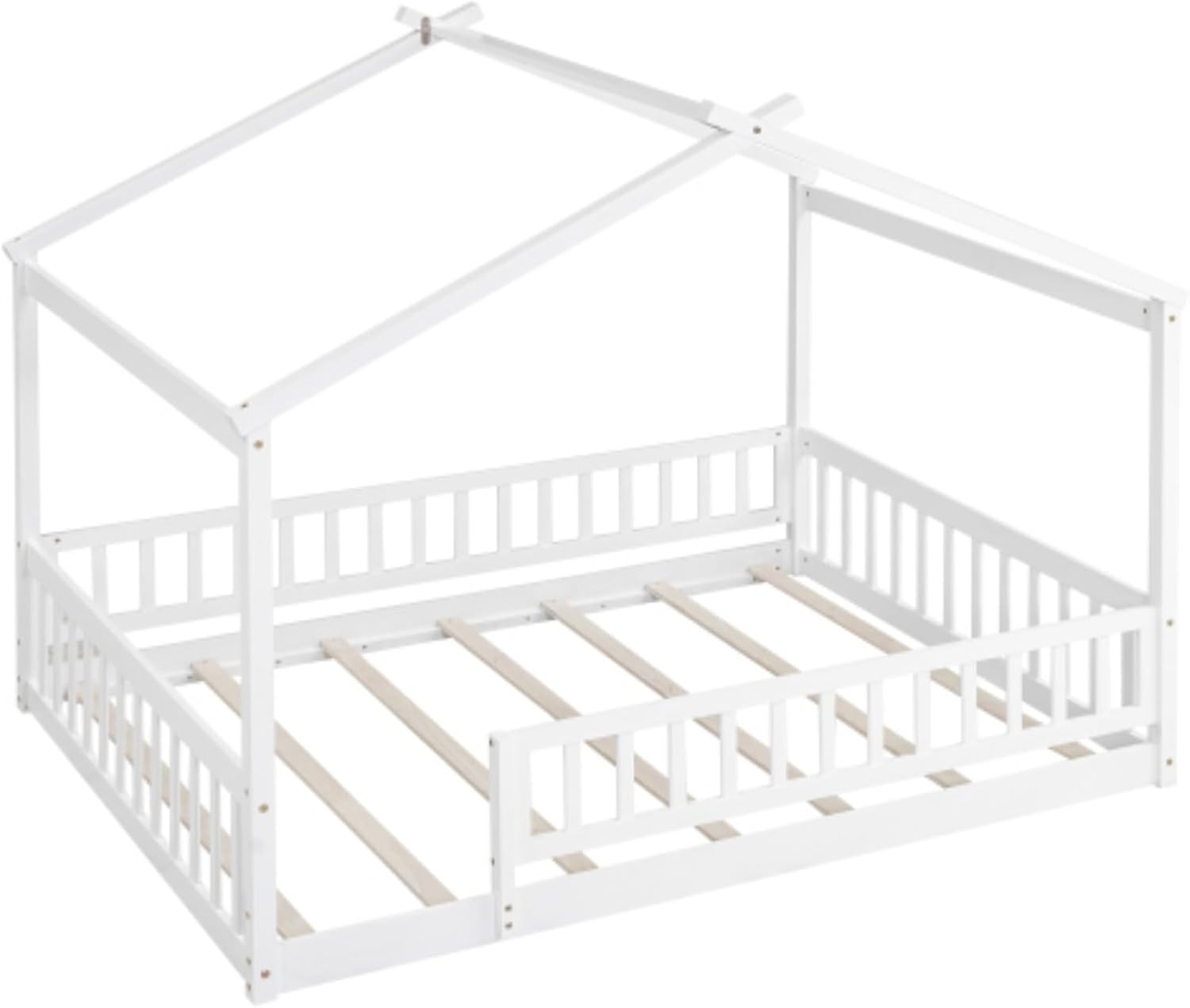 Full Size Bed House Bed Floor Bed Children's Bed Solid Wood Bed Frame with guardrail, Suitable for Children and Teenagers Modern and Simple White