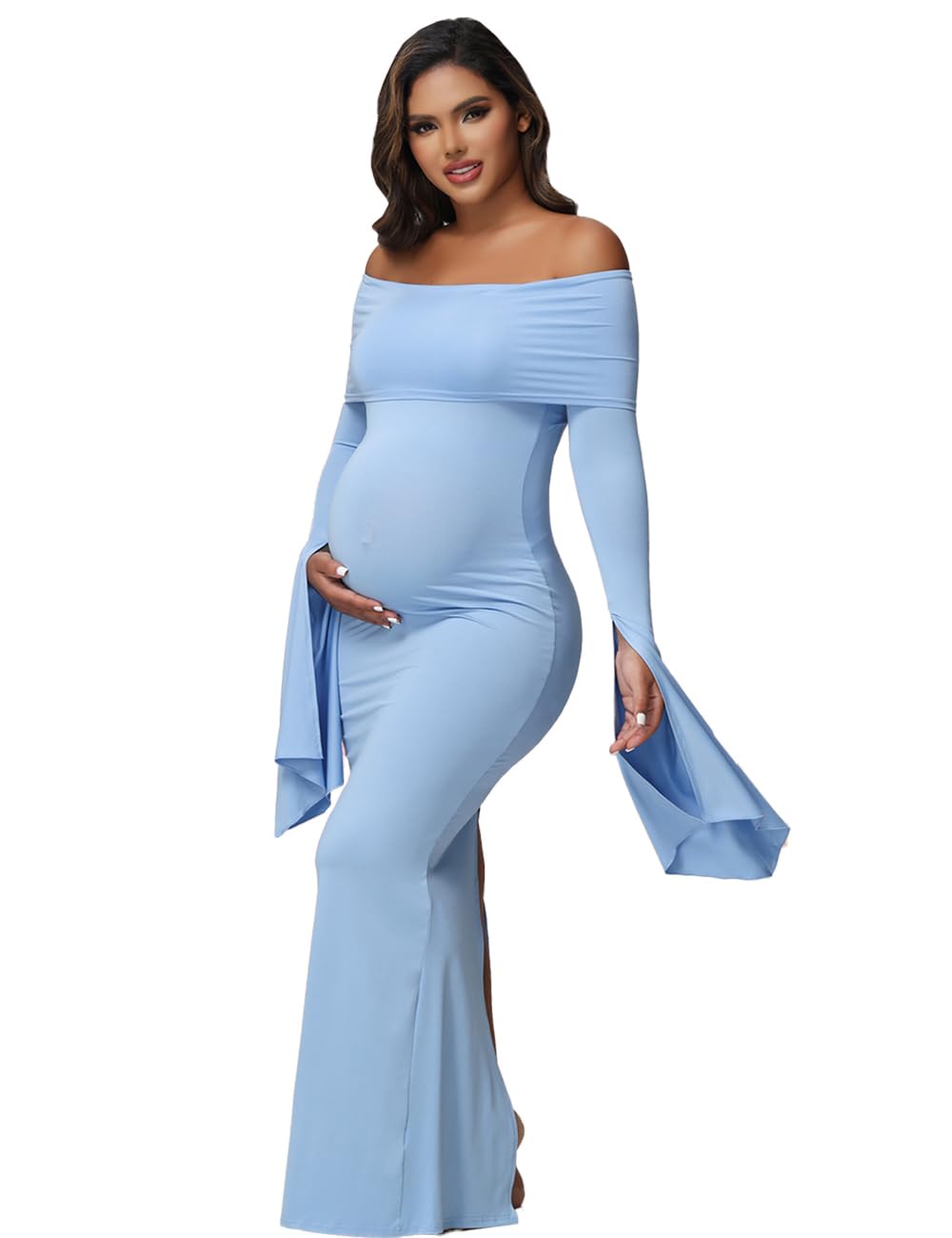 Photo 1 of JustVH Women's Maternity Long Sleeve Off Shoulder Pregnancy Photography Dress for Baby Shower Photoshoot Party Blue