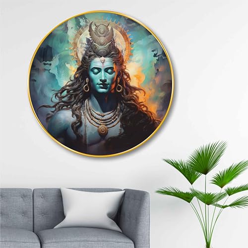 Image of SAF Lord Shiva Round Wall Painting with Golden Frame | Meditating Mahadev Modern Spiritual Wall Art | Divine Hindu Religious Decor for Living Room Bedroom Temple Office (23 X 23 Inch) GR-254