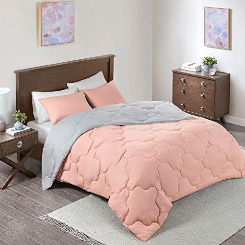 Comfort Spaces Vixie Reversible Comforter Set - Trendy Casual Geometric Quilted Cover, All Season Down Alternative Cozy Bedding, Matching Sham, Coral/Gray, Twin/Twin XL 2 piece