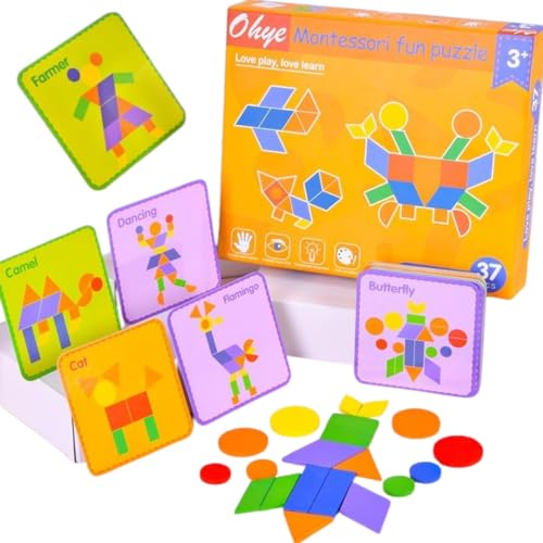 Image of PLUSPOINT Wooden Pattern Puzzle with 37 Wood Pieces, 30 Cards to Create Skill Development Educational Wooden Toys for Toddlers Kids Boys Girls Age 3+ Years