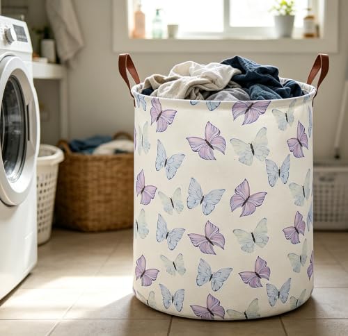 Image of Waterproof Fabric Laundry Basket,Dirty Clothes Hamper,Storage Bin(Blue & Purple Butterfly)
