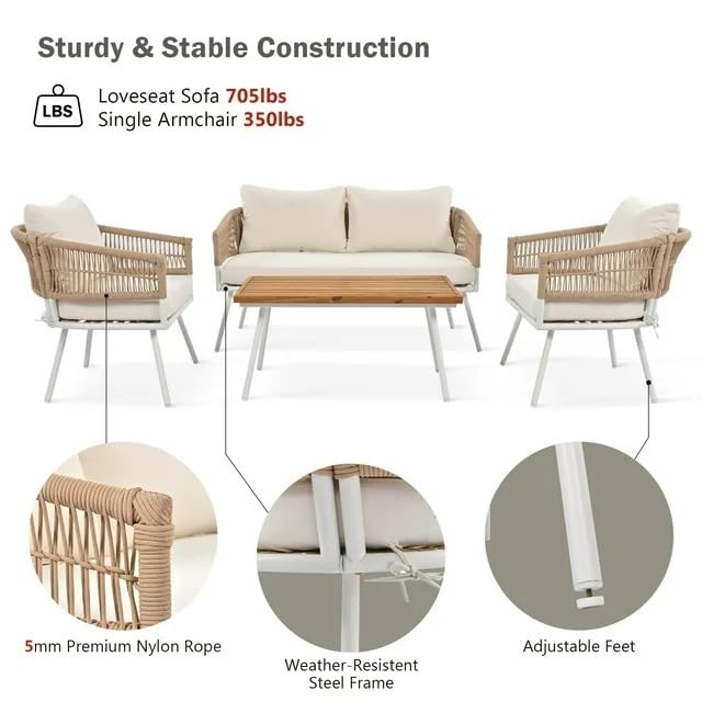 Image of 4 Seater Outdoor Rope Sofa Set | Modern Patio Furniture with All-Weather Woven Rope | Stylish & Comfortable Garden Lounge Seating (Beige)