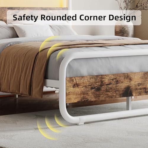 Image of King Size Bed Frame, Wood Headboard and Footboard, LED Lights, White