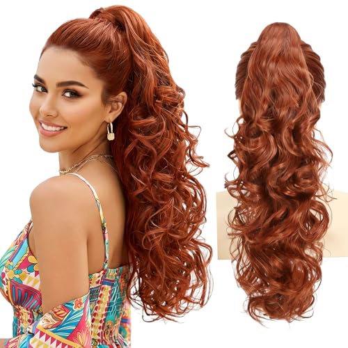Claw Clip Ponytail Extension 24 Inch Long Wavy Curly Pony Tails Ginger Clip in Hair Extensions Synthetic Hairpieces Fluffy Natural Looking for Women (Copper red)