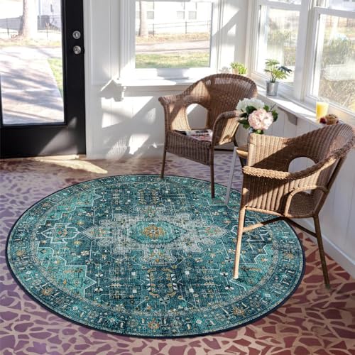 Moynesa Ultra-Thin Washable Round Rug - 6ft Teal Large Living Room Circle Area Rugs, Vintage Dining Room Mat Stain Resistant Nursery Carpet for Bedroom Mudroom Kitchen Apartment Home Office