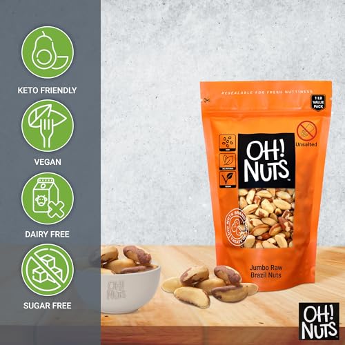 Oh! Nuts® Brazil Nuts - Raw - 100% Natural - 1 lb - Whole Shelled Premium Brazil Nuts - Packed in New York Zip-Seal Bag for Exceptional Freshness
