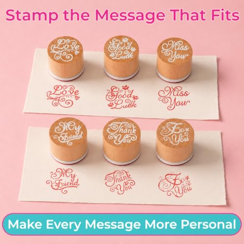 Image of Oytra Wooden Rubber Stamps Set of 6 Round Block Word Stamp for Bullet Journal Scrapbooking Card Making Sentiment Messages Kit Good Luck Miss You Thank You Love My Friend (Word Message Stamp Set)