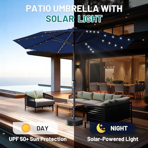 Image of AreShark 11FT Large Patio Umbrella with Solar Lights, Lighted Solar Umbrella with Crank, Outdoor Table Market Umbrellas for Garden, Deck, Backyard, Pool and Beach, Navy