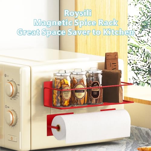 Image of Magnetic Spice Rack For Refrigerator, Space Saving Magnetic Shelf For Fridge Red 2 Pack With Magnetic Paper Towel Holder
