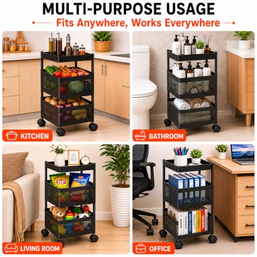 Image of Homeor 2 Layer Kitchen Trolley with Wheels | 360 Rotating Metal Storage Rack for Vegetables, Fruits, Onion & Spices | Square Multipurpose Kitchen Organizer Stand | Metal Kitchen Trolley, Matte Black