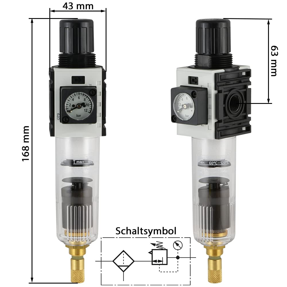 Fittingteile - Druckluft Filterregler Baureihe 0 - Wasserabscheider Druckminderer 1000 l/min (Ausführung: Halbautomatisch - Einstellbereich: 0,5-10 bar)