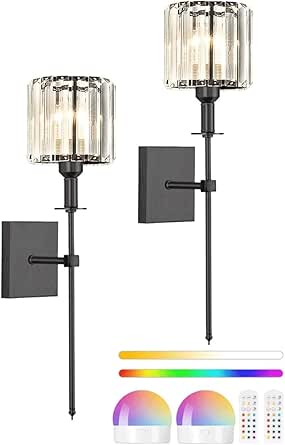 Wall Lights Extra Long Wall Sconces Lighting Battery Operated Set Of Two,Non Hardwired Wall Lights With Remote,Modern Crystal Wall Lamp Fixture Indoor Decor For Bedroom Living Room(Color:Black,Size