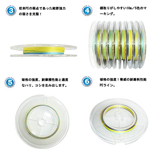 PEライン 100m~連結【0.4~8号】4編 5色 0.4号/0.6号/0.8号/1号/1.5号/2号/2.5号/3号/3.5号/4号/5号/6号/7号/8号 4本組 釣り糸 (1.0号(8.2KG/18LB)) 5枚目