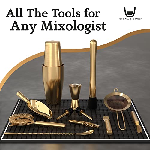 Highball & Chaser Bartender Kit With Black Bamboo Stand Beautiful Cocktail Shaker Set And Bar Tools Stainless Steel Boston Shaker Bartender Kit With Stand (Antique Gold) #TOP6