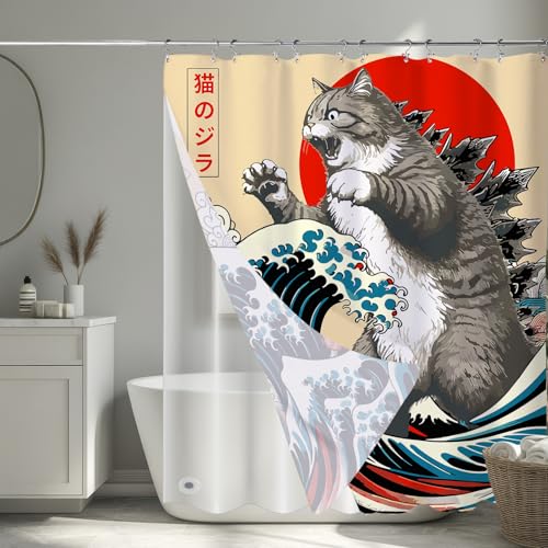 Image of 3 in 1 Funny Japanese Cat Shower Curtain with PEVA Liner Set, Vintage Cat Art Japan Anime Wave Fabric Shower Curtain with 12 Double Sided Stainless Steel Shower Curtain Hooks for Bathroom, 72 x 72