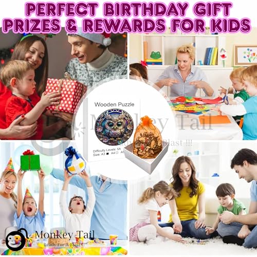Image of MONKEYTAIL Whimsy Wooden Jigsaw Puzzle for Adults & Kids - Laser-Cut Pieces, 3D Puzzle Box as Birthday Gift for Boys & Girls - Brain Teaser, Home Decor & Family Game (OWL, Size: Small)