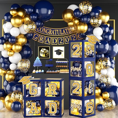 Graduation Party Decorations Class Of 2026 Navy Blue and Gold Graduation Decorations 2026 Boxes Balloon Arch With Letters 2026 Grad So Proud Of You for College Party Graduation Party Supplies