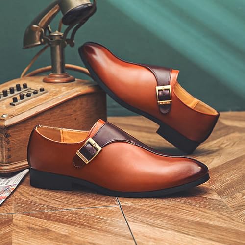 Men's Leather Buckle Monk Strap Low Heel Dress Loafers Fashion Comfortable Pointed Toe Slip On Business Casual Formal Leather Shoes for Tuxedo Prom Wedding Driving4
