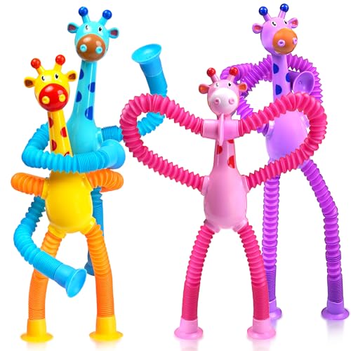 Giraffe Sensory Travel Toys 4Pcs for Road Trip Car Ride Airplane Toddler Girl Year Old Ages 3 4 5 6 7 8 Suction Autism Pop Tube Fidget Toy Autistic Valentines Day Stocking Easter Basket Stuffer Gift
